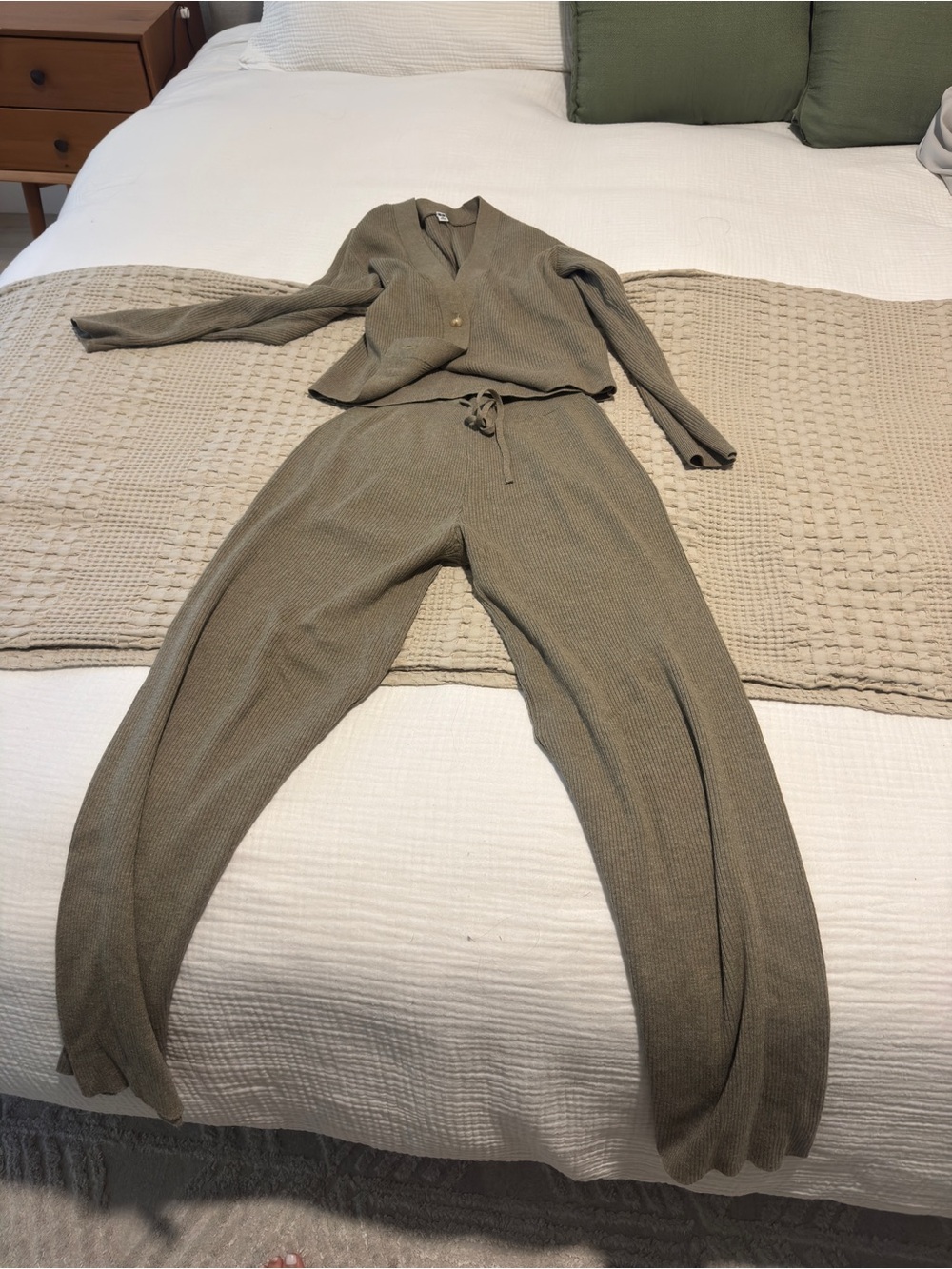 Uniqlo Olive Knit Wide Leg Lounge Pants with Matching Cardigan